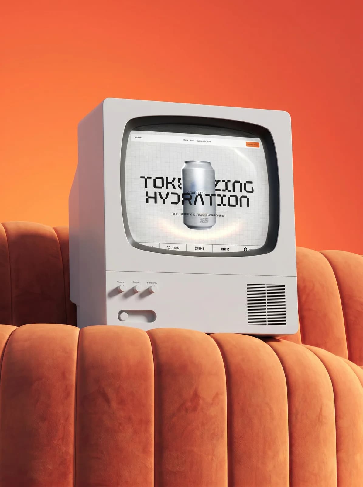 Cryptik site playing on a vintage television set on an orange couch