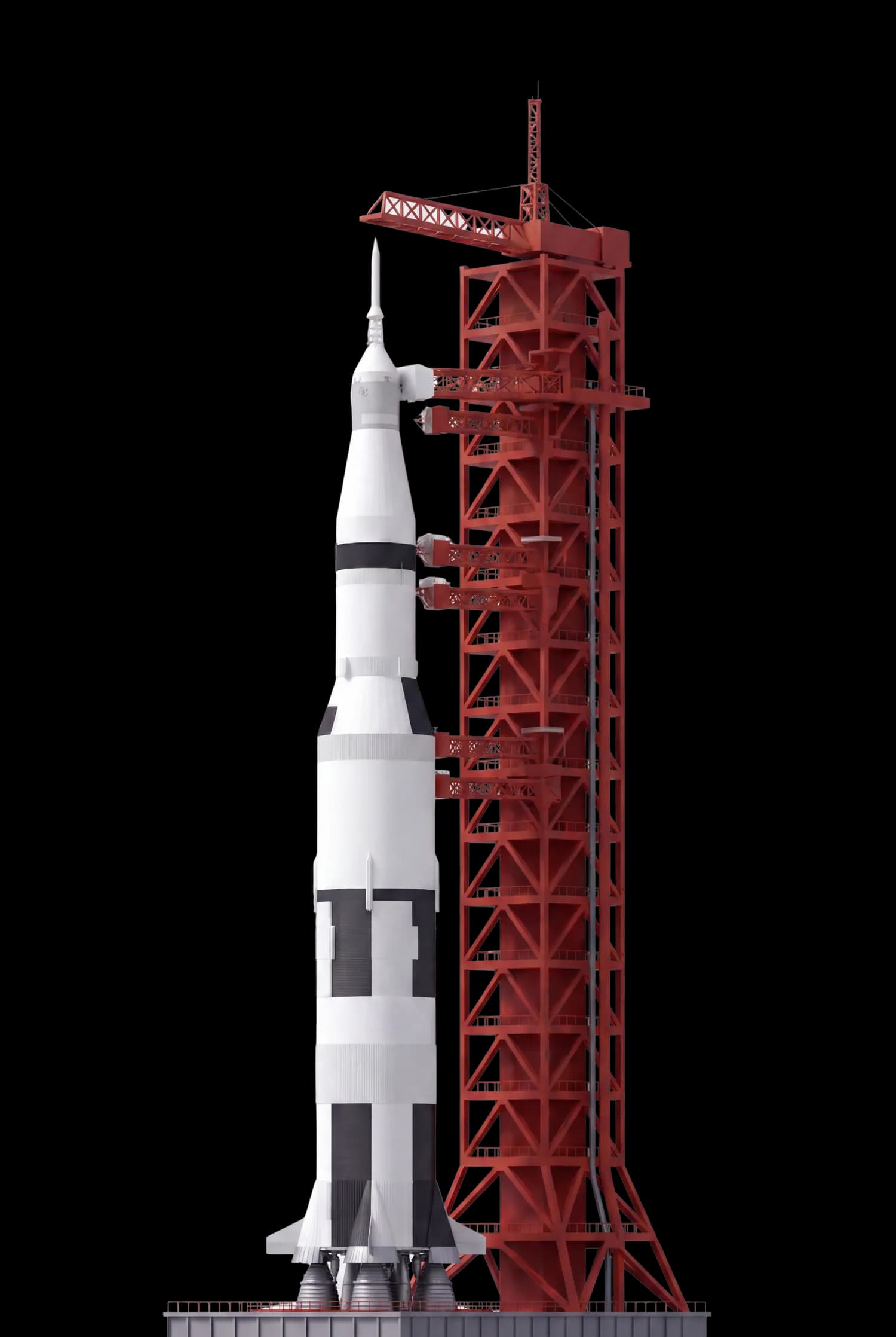 A white Saturn V rocket standing full-height beside its red gantry tower on the launch platform, engines to nose