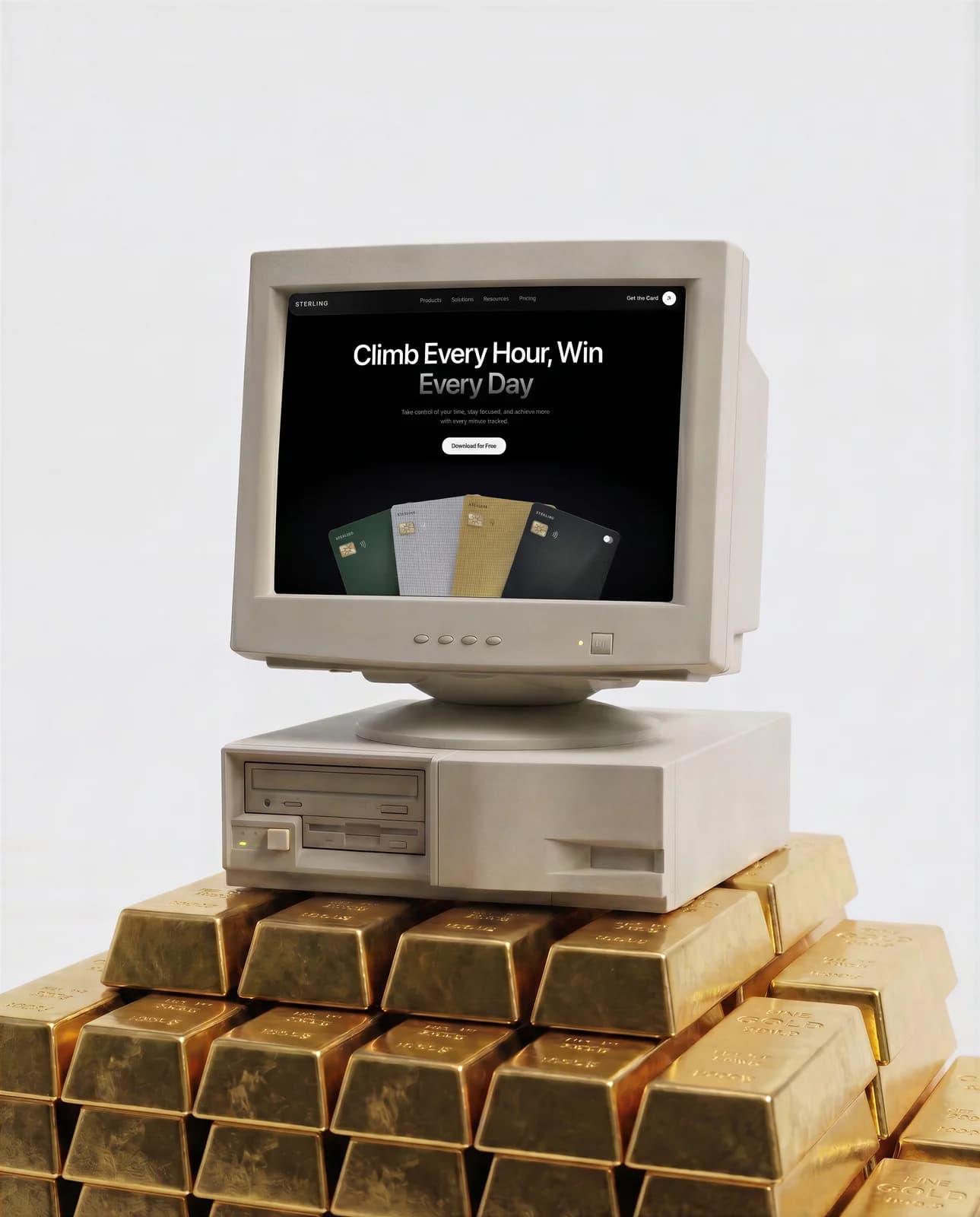 Retro computer displaying a website, set on a stack of gold bars