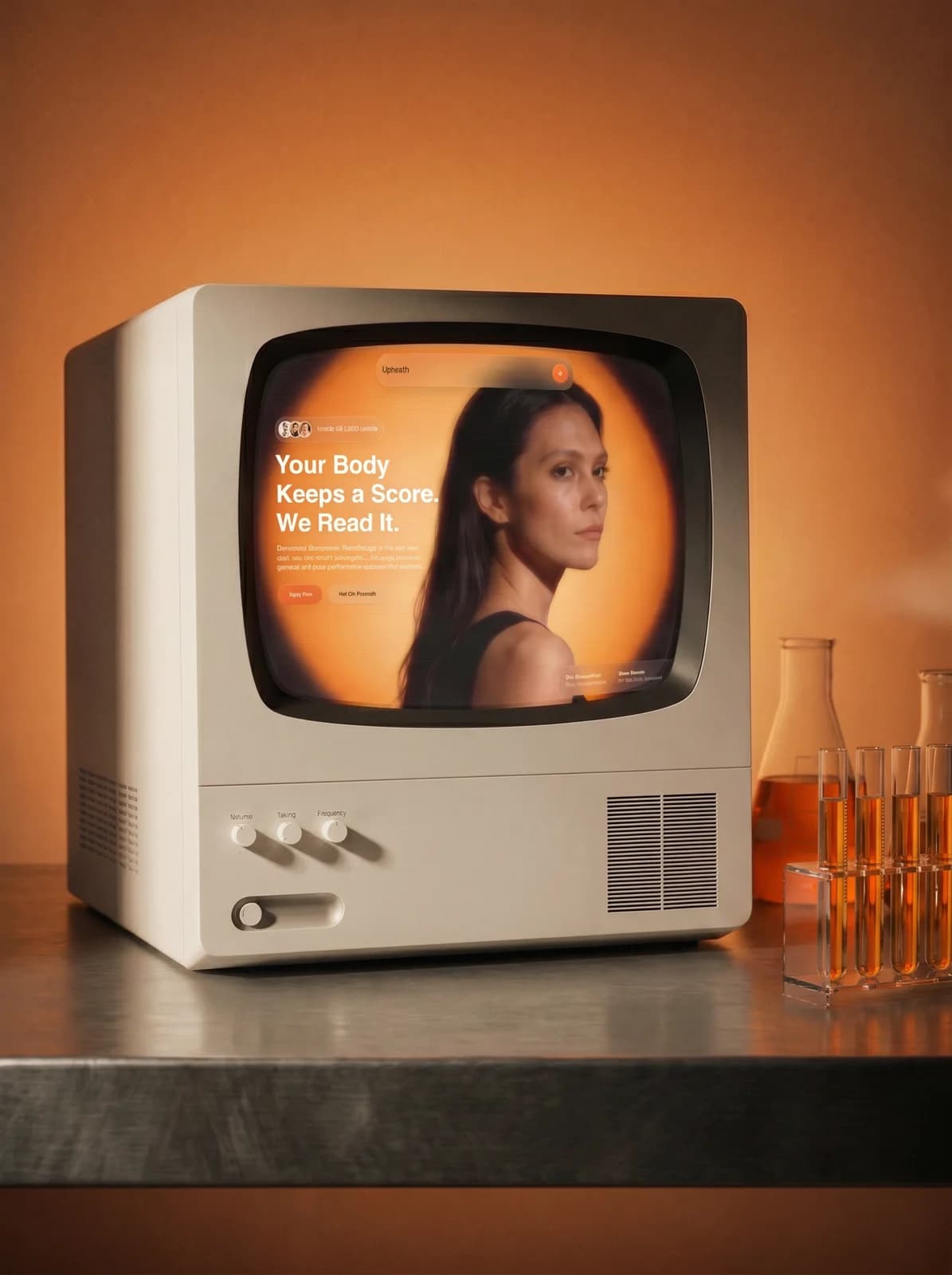 UpHealth site on a vintage television beside a rack of test tubes